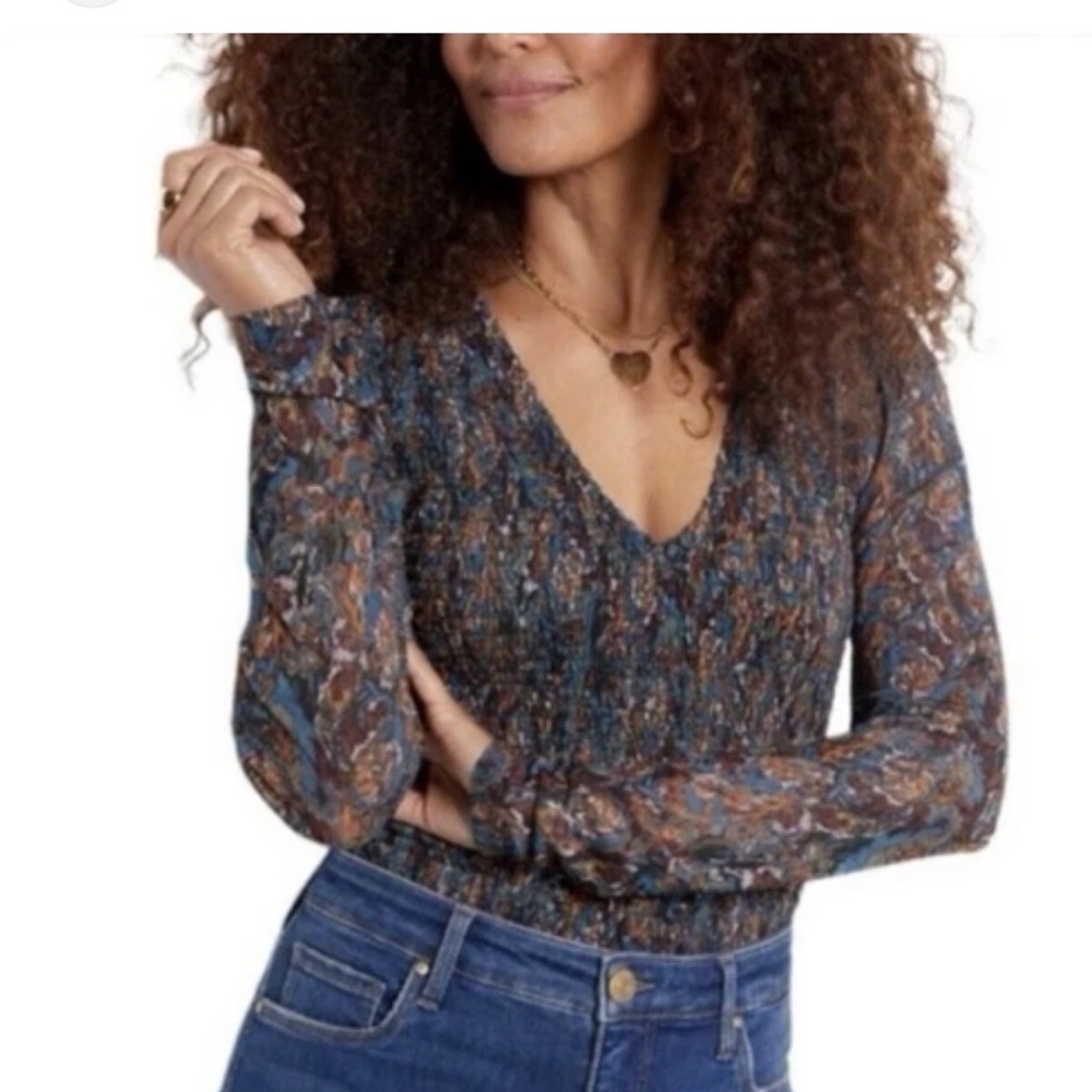 Evereve smocked stretch V-Neck Blouse top mesh long sleeves teal fall colors XL